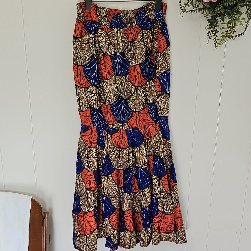 Vintage Rainbow Colorful Leaf Patterned Women's Skirt OS Tiered Maxi 100% Cotton